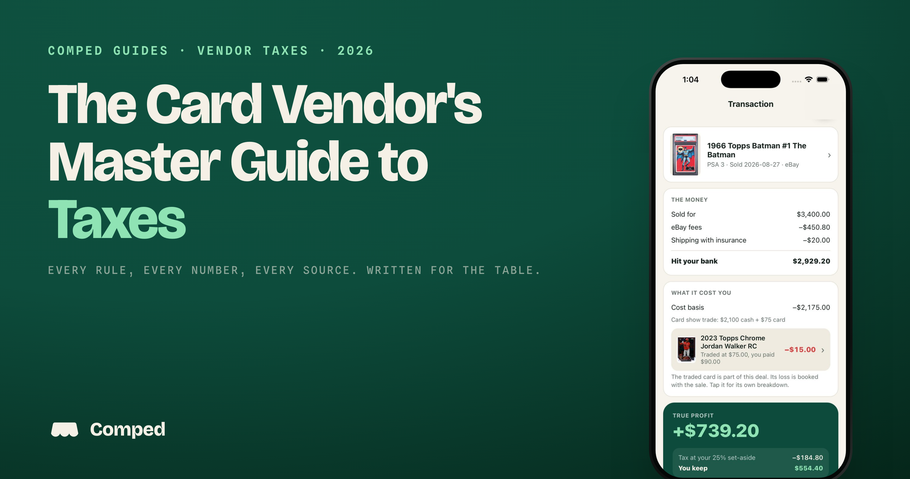 The Card Vendor's Master Guide to Taxes, with the Comped transaction screen showing a real deal breakdown