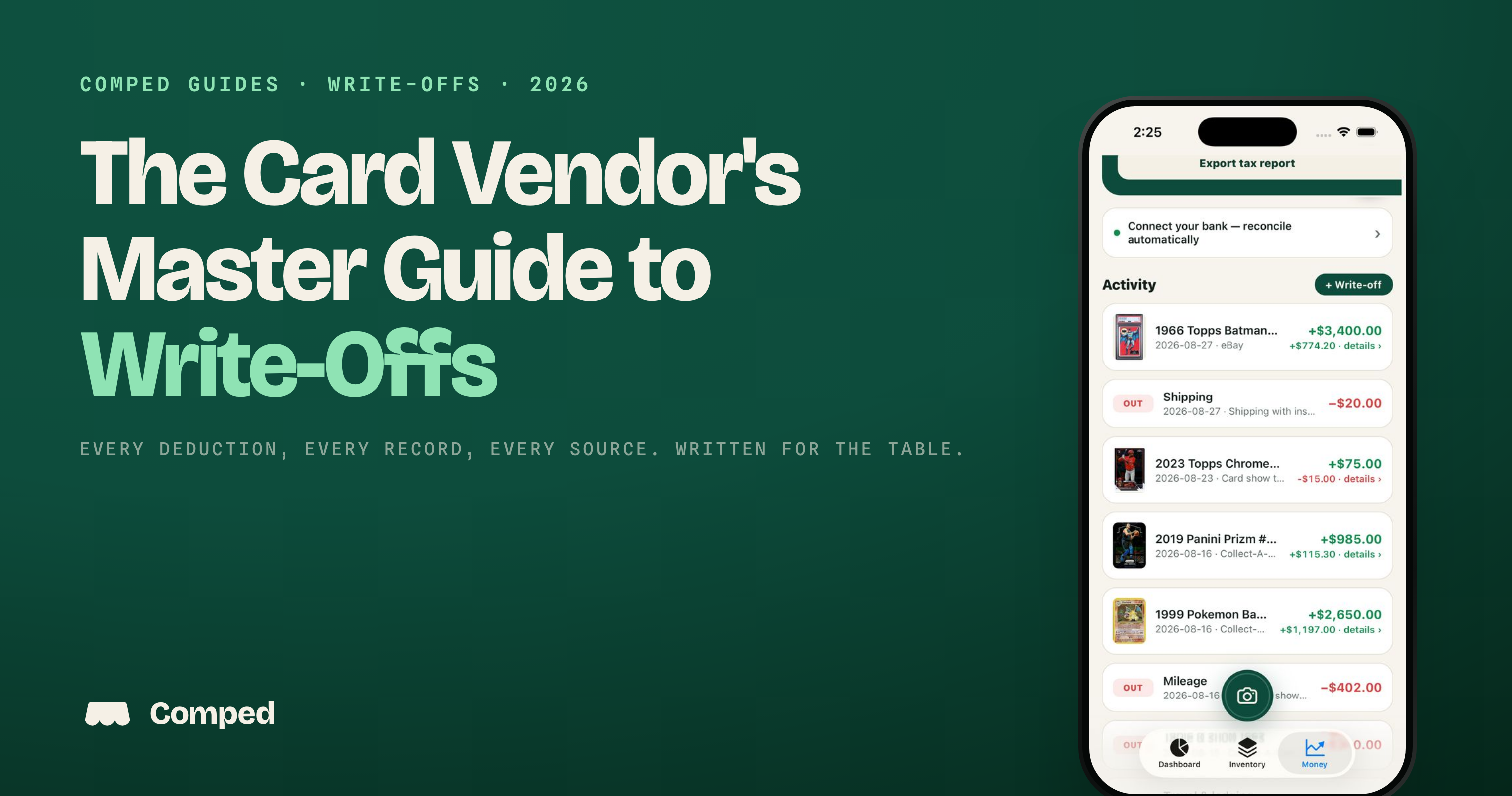 The Card Vendor's Master Guide to Write-Offs, with the Comped Money screen tracking deductible expenses